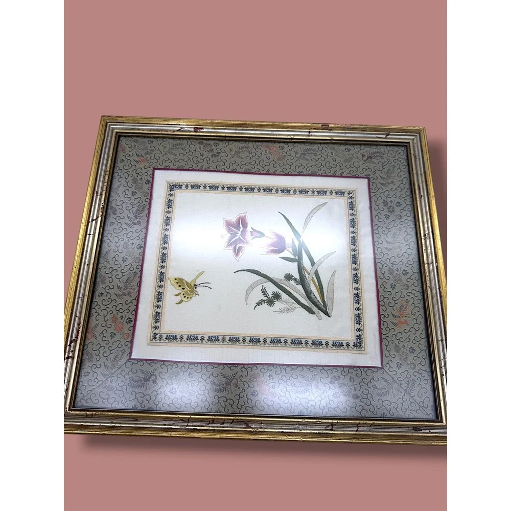 Vintage Framed Silk Embroidery Floral Butterfly Chinoiserie Wall Art 13x12